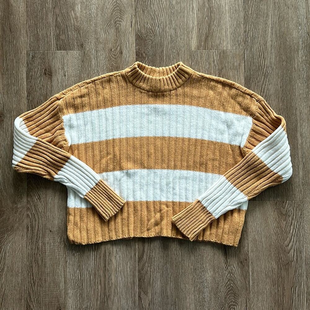 American Eagle White & Mustard Stripe Mock Neck Cropped Sweater Size XS